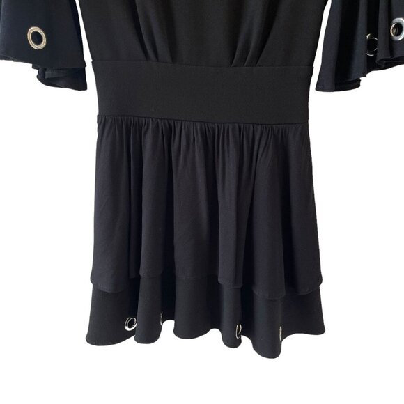 Maje Size M Rotery Grommet Trim Dress Mini LBD Flowy Rocker Bell Sleeve Flare - Picture 9 of 15